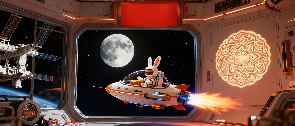 一只兔子坐着飞船在太空遨游中秋国庆海报背景
