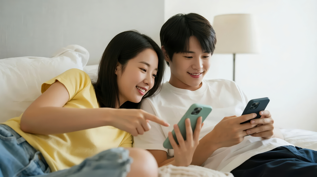 国庆节假期宅家情侣一起看手机的温馨时光