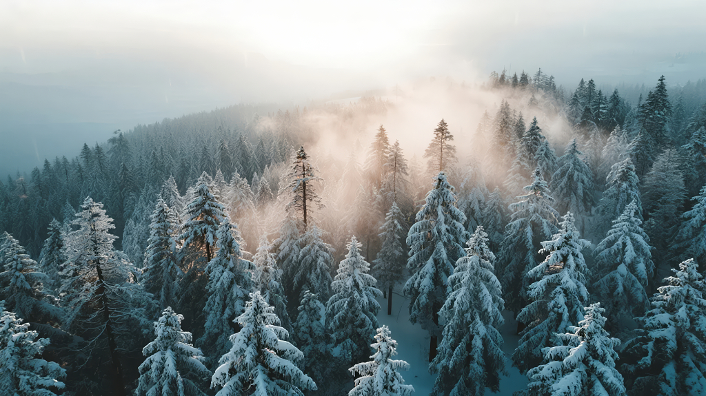 2025年末航拍冬季云雾缭绕的针叶林雪景