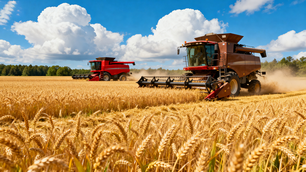 秋天丰收的景象收割机正在收割粮食