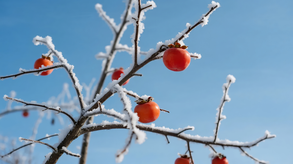 2025年冬至时节柿子枝头挂满冰霜的唯美