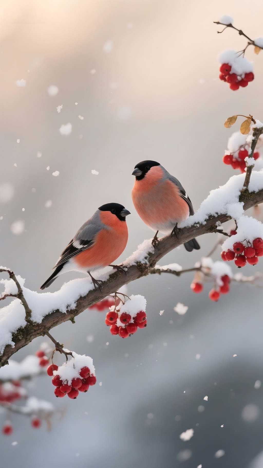 红腹灰雀覆雪树枝红色浆果