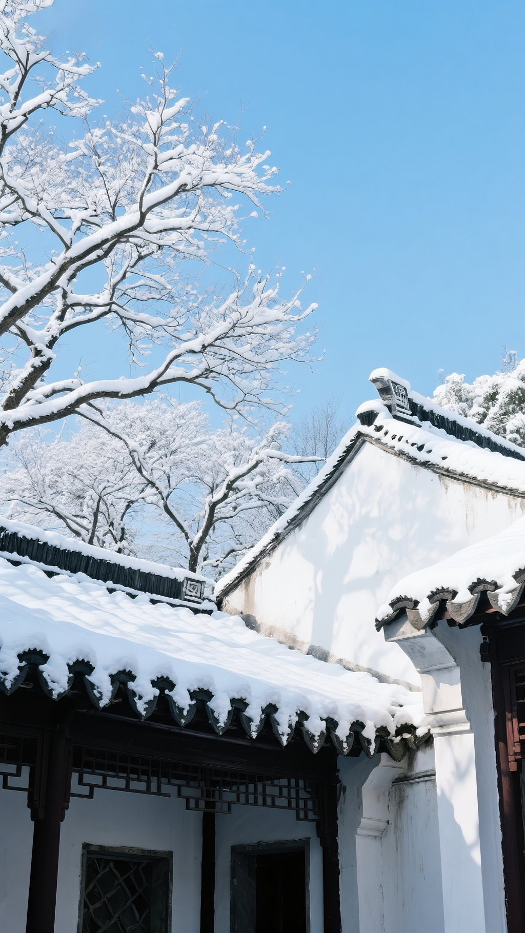 江南雪景白墙黑瓦小雪节气背景图