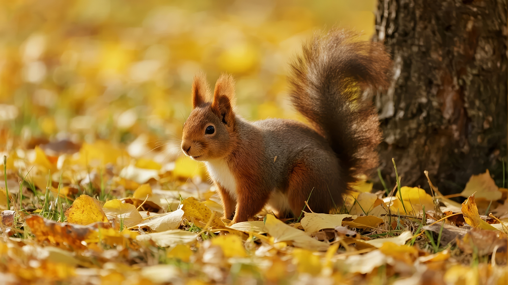 国庆节在秋日落叶中觅食的可爱小松鼠