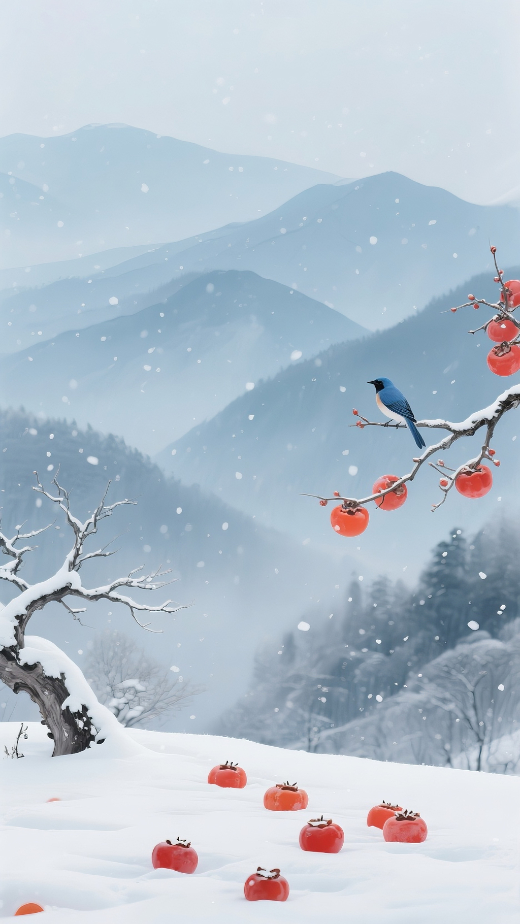 二十四节气底图小雪雪景山脉红果枝