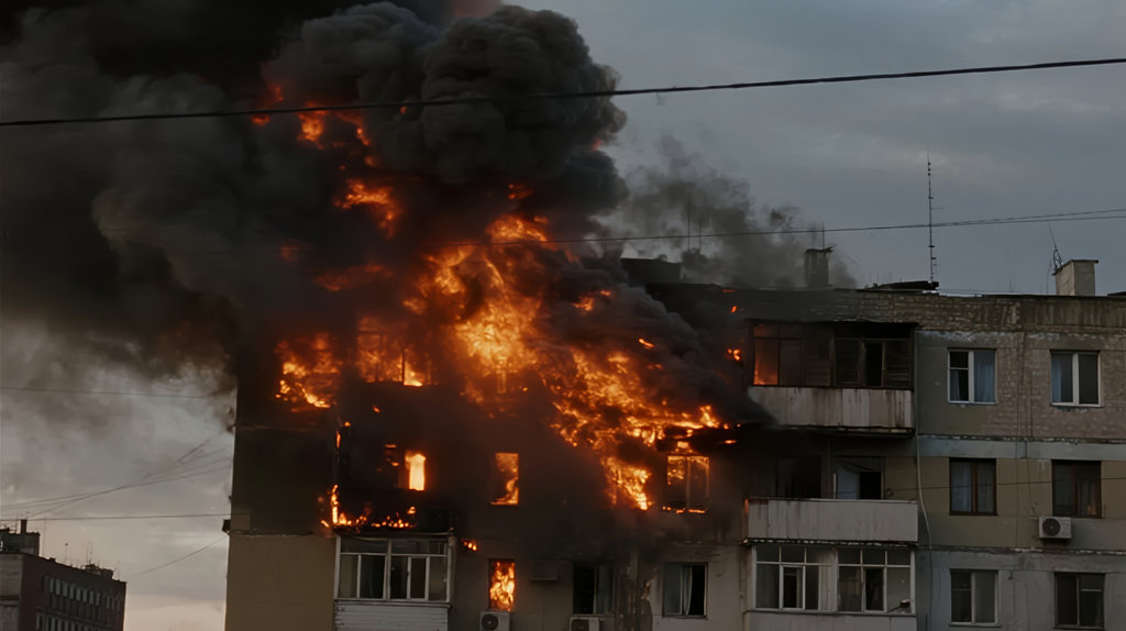 城市高楼发生火灾浓烟滚滚的危险场景