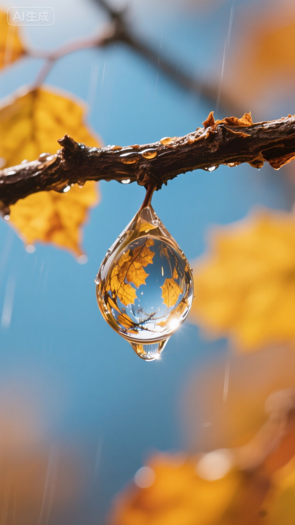 秋日雨后雨滴树枝微距摄影