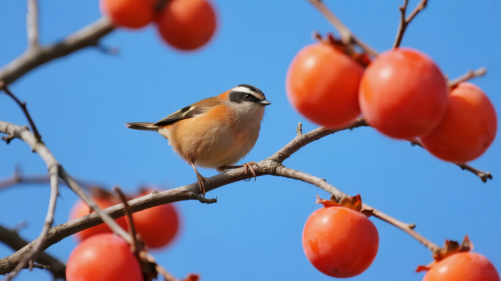 2025年冬至大雪柿子树上觅食的小鸟