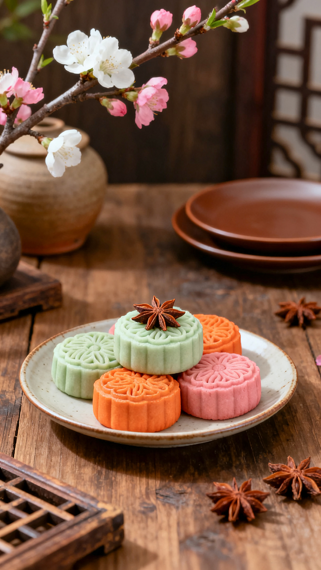 木桌上摆放精致中秋月饼浅绿色橙色粉色细腻花纹八角古朴传统氛围