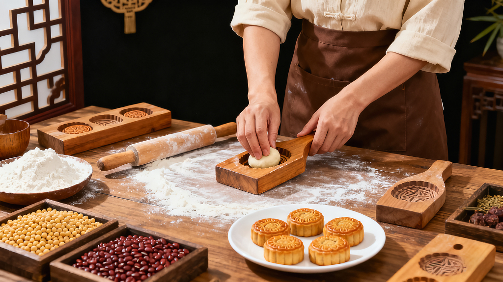 中秋月饼制作场景传统中式温馨手工制作氛围模具擀面杖馅料面团