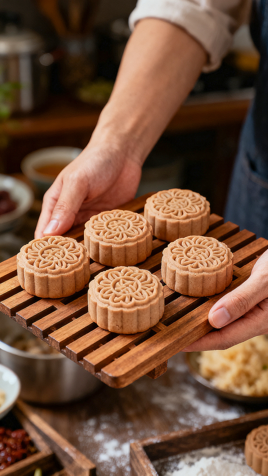 家庭制作准备中秋月饼温馨场景厨房器具食材木制格栅托盘精美花纹