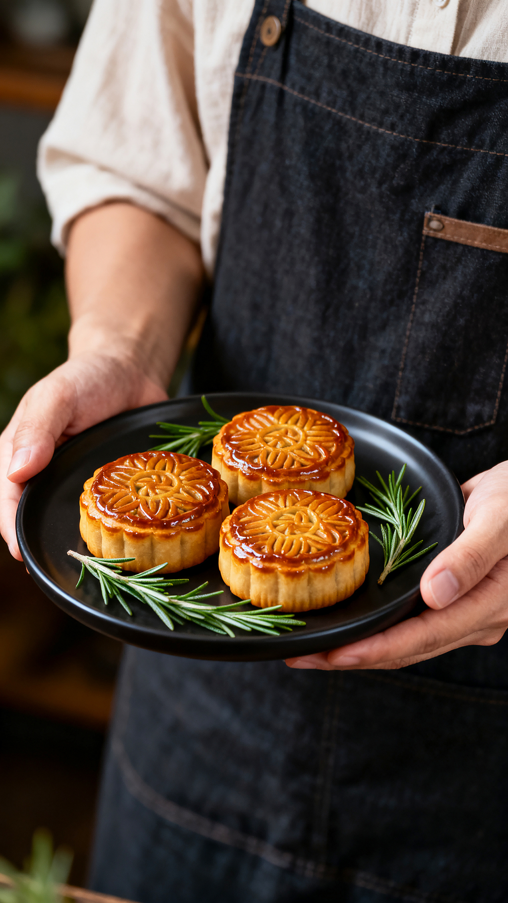 温馨氛围享用传统点心深色围裙浅色上衣双手捧盘子花纹月饼迷迭香
