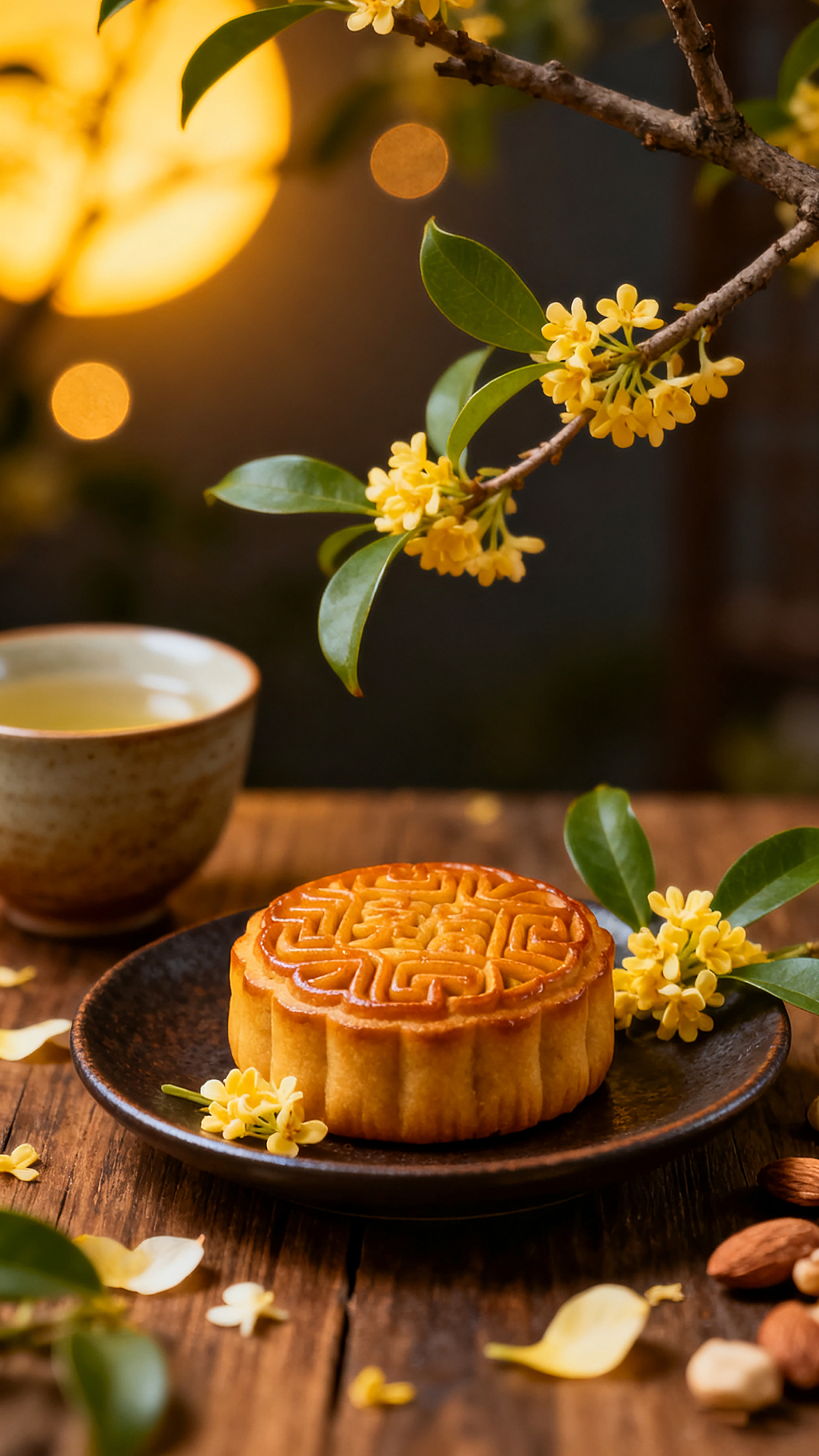 传统花纹精致月饼深色圆盘点缀淡黄色花朵绿色枝叶中秋时节团圆