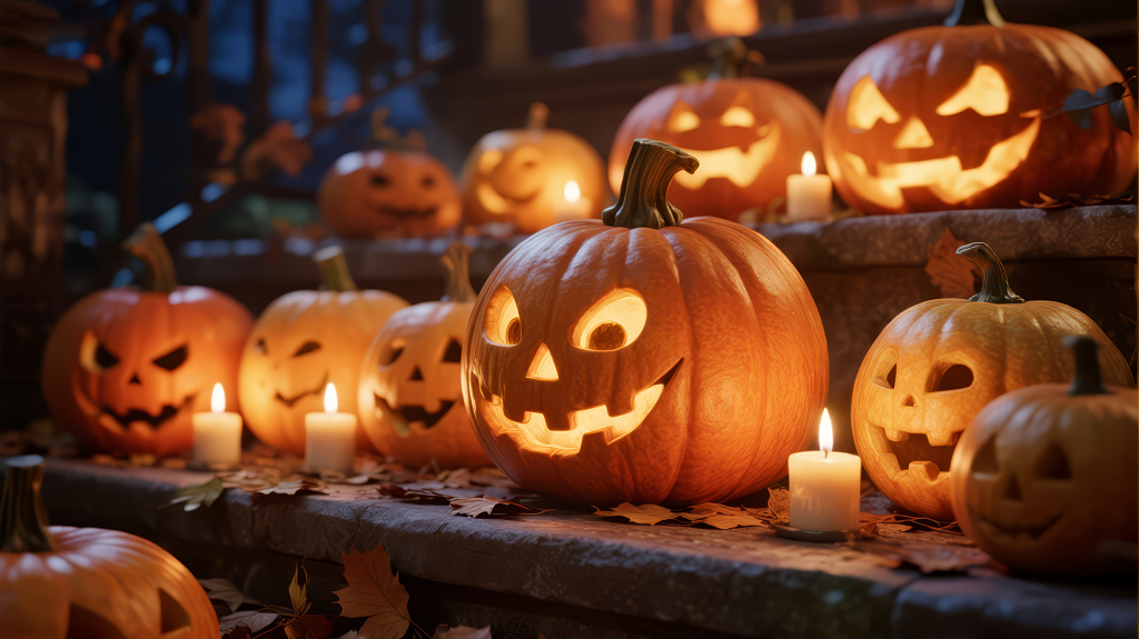 万圣节南瓜灯台阶烛光诡异派对背景