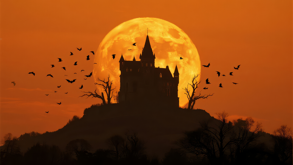 万圣节古堡月夜蝙蝠恐怖剪影背景