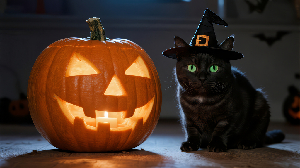 万圣节黑猫女巫帽南瓜灯神秘背景