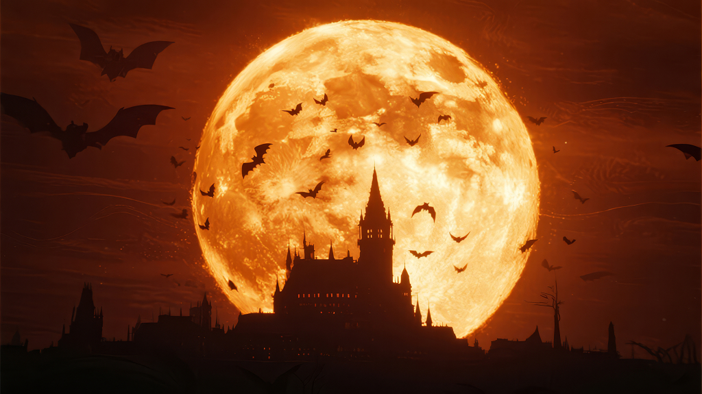 万圣节古堡月夜蝙蝠恐怖剪影背景