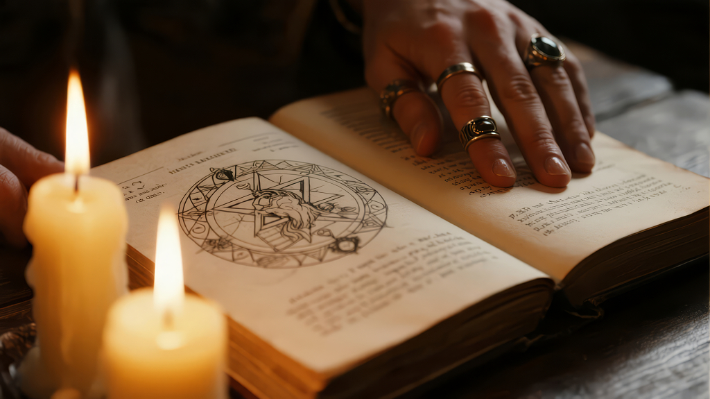 万圣节烛光下翻阅魔法书的神秘背景