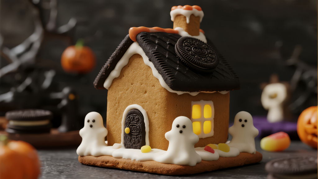 万圣节搞怪幽灵姜饼屋美食烘焙背景