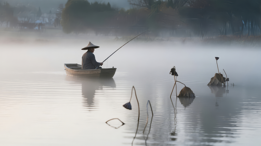秋日晨雾孤舟垂钓的禅意水墨画背景