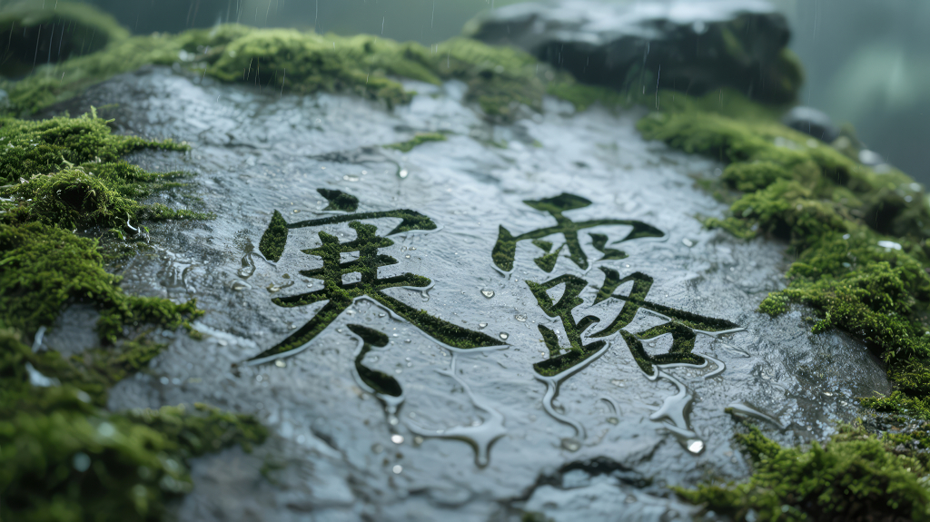 寒露节气雨中石刻禅意唯美背景图