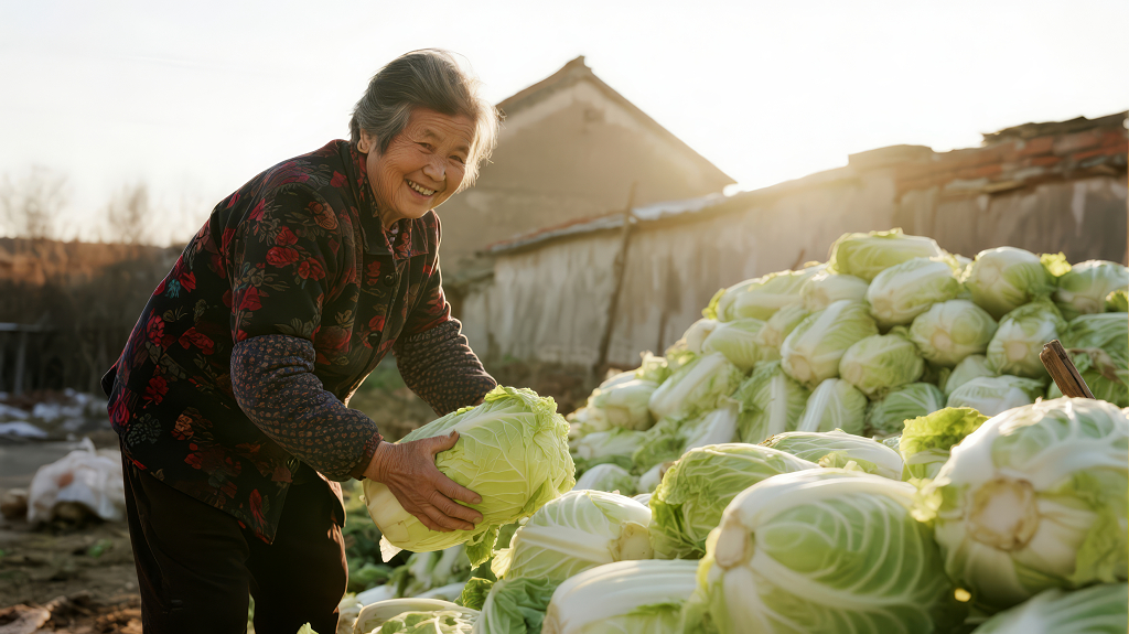 立冬老人囤白菜丰收喜悦背景图