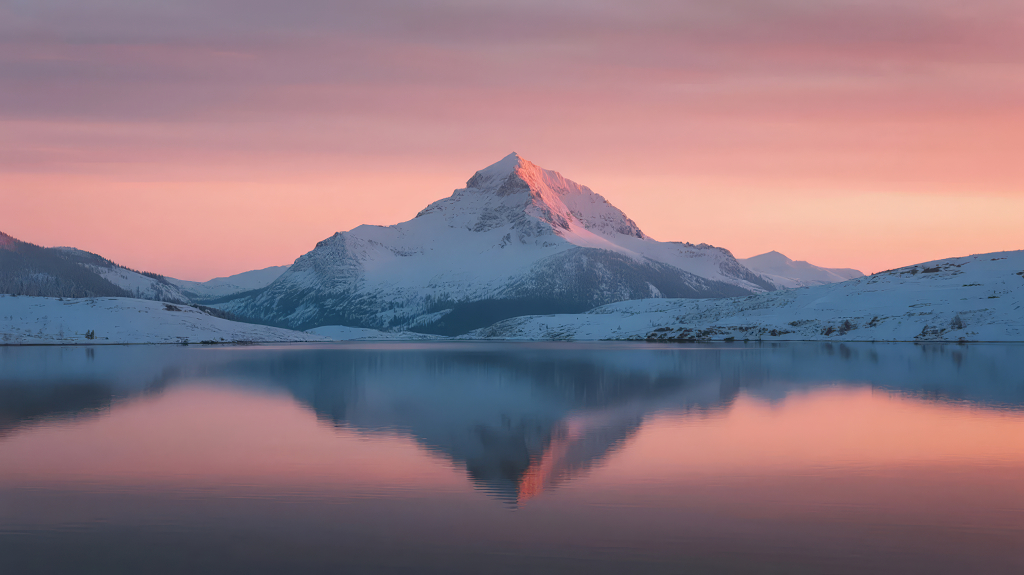 2025年末雪山湖面倒影的日落风景