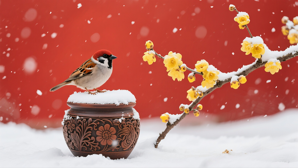 冬日场景麻雀覆雪容器二十四节气底图小雪