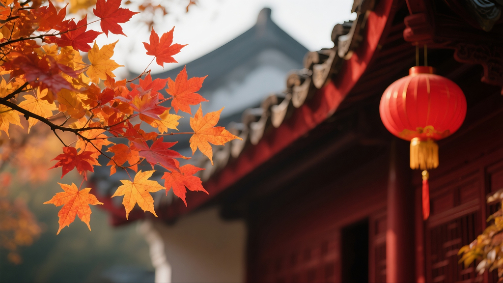 秋季枫叶与屋檐秋季美学二十四节气底图寒露