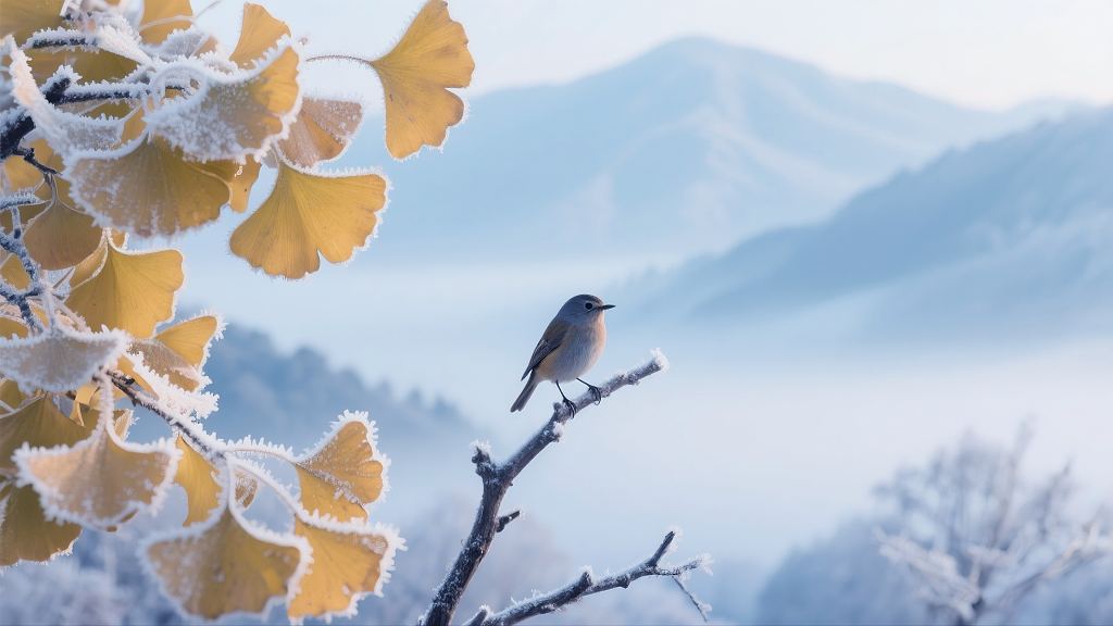 打霜的银杏树叶霜降节气底图背景图