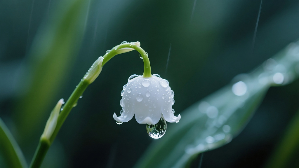 微距摄影风格铃兰花枝电脑壁纸护眼绿色