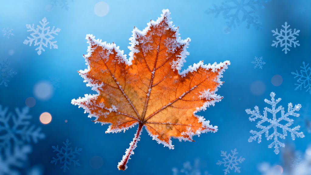 蓝渐变背景覆霜橙枫叶