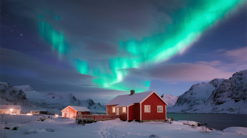 冬至极光木屋的梦幻唯美童话背景