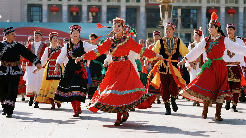 国庆节各民族载歌载舞团结欢乐背景