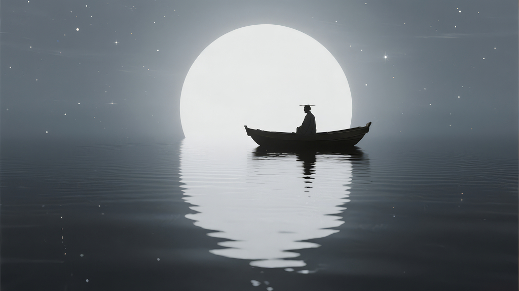 中秋节泛舟赏月的孤独禅意背景