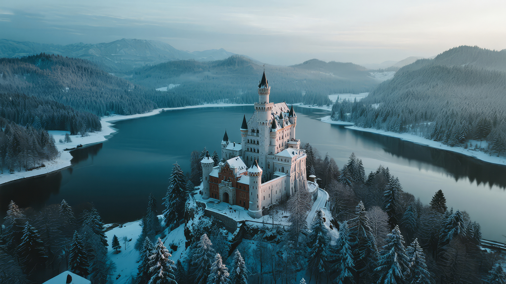 冬至雪中城堡的梦幻童话航拍背景