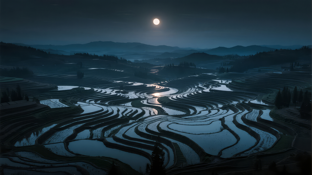 中秋节梯田月色倒影的唯美意境背景