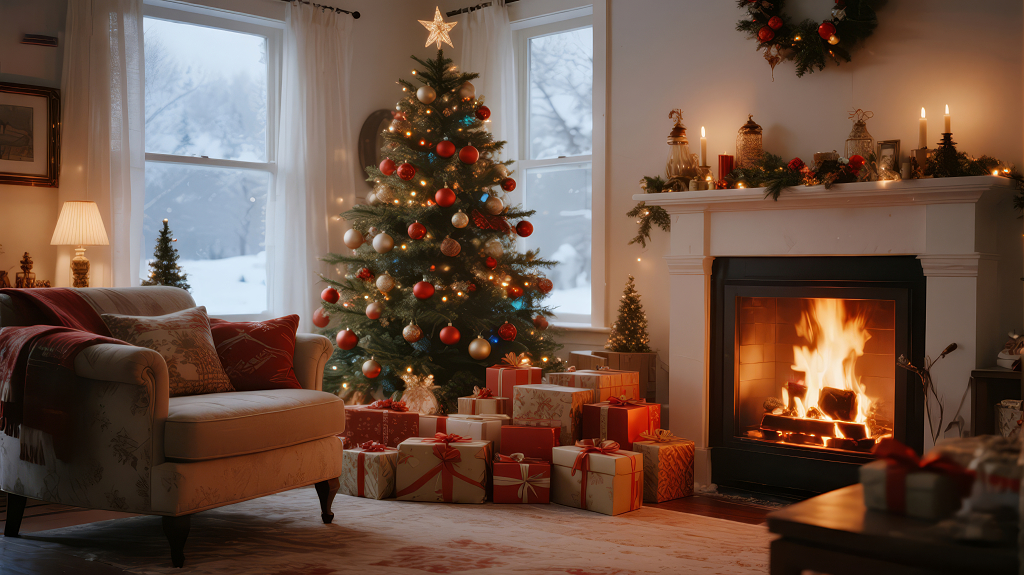 冬至圣诞节客厅的温馨治愈节日背景