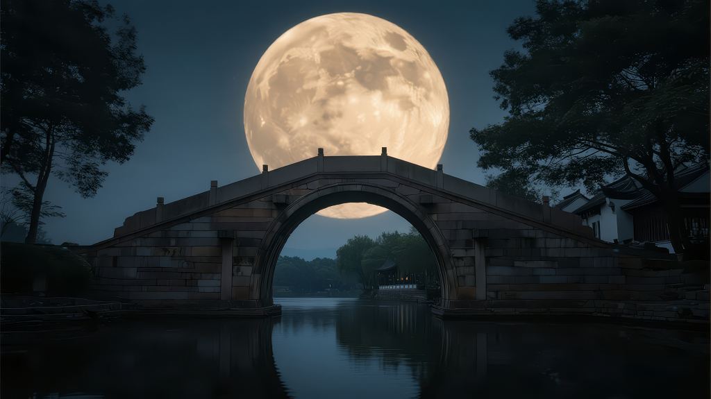 中秋节古桥月夜的唯美禅意背景