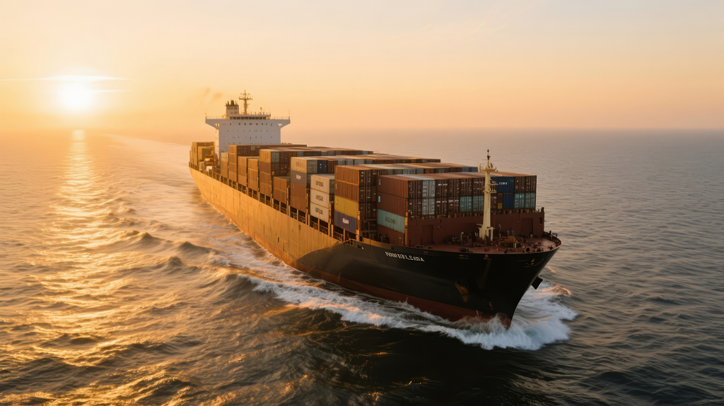 国际贸易集装箱货轮日出航行背景