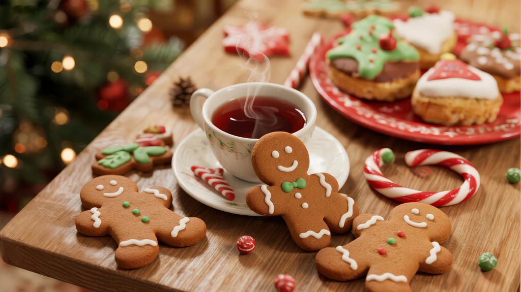圣诞节姜饼人热饮的温馨美食背景