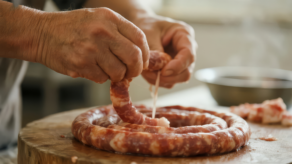 冬日手工灌香肠的传统美食背景