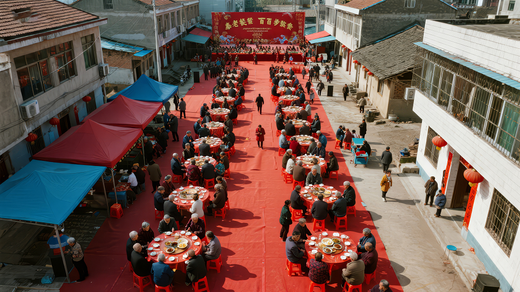 乡村寿宴百家宴热闹非凡航拍背景