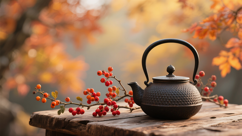 秋天枫叶红了茶壶放在桌子上