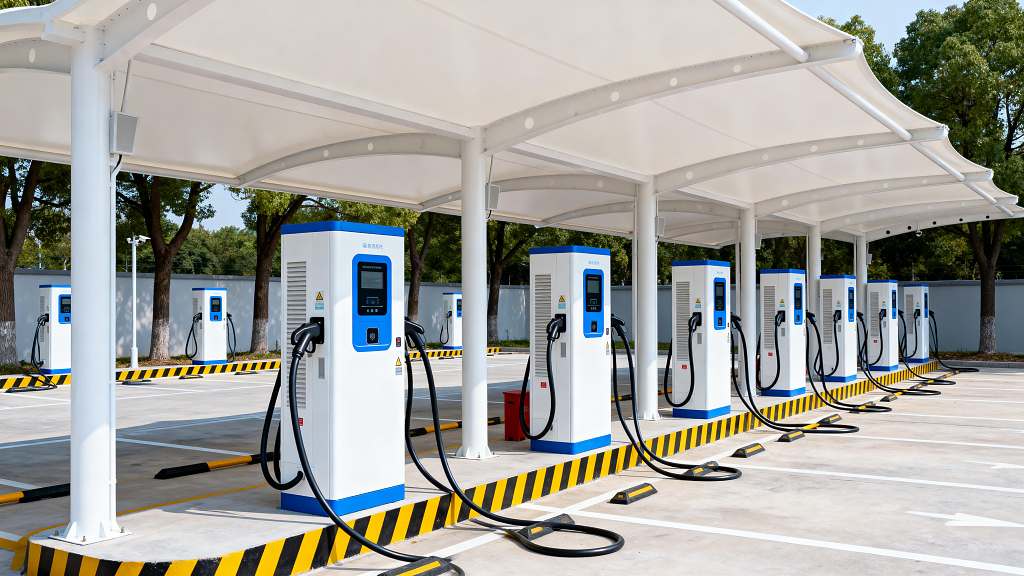 户外电动汽车充电站多充电桩场景摄影素材