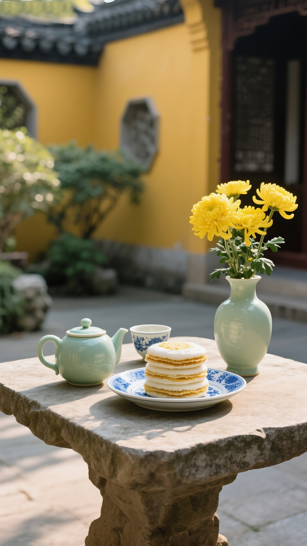 中式庭院菊花茶手机壁纸