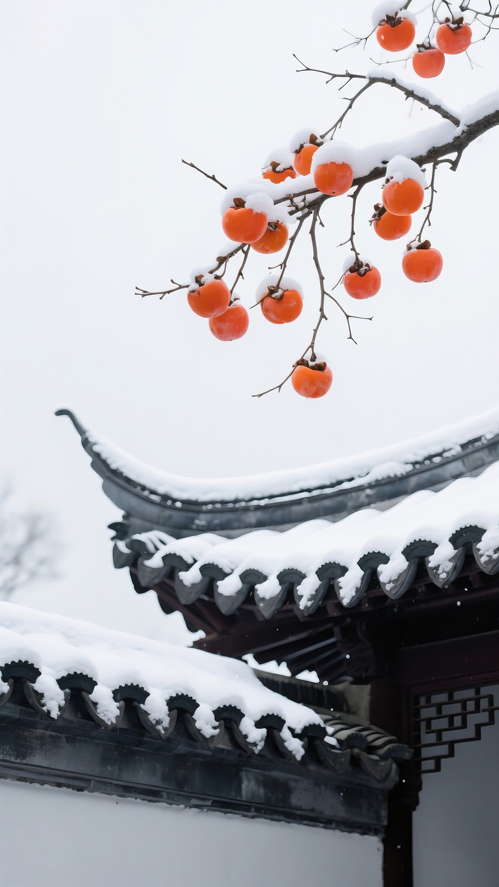手机壁纸冬日雪景中式庭院雪后的柿子