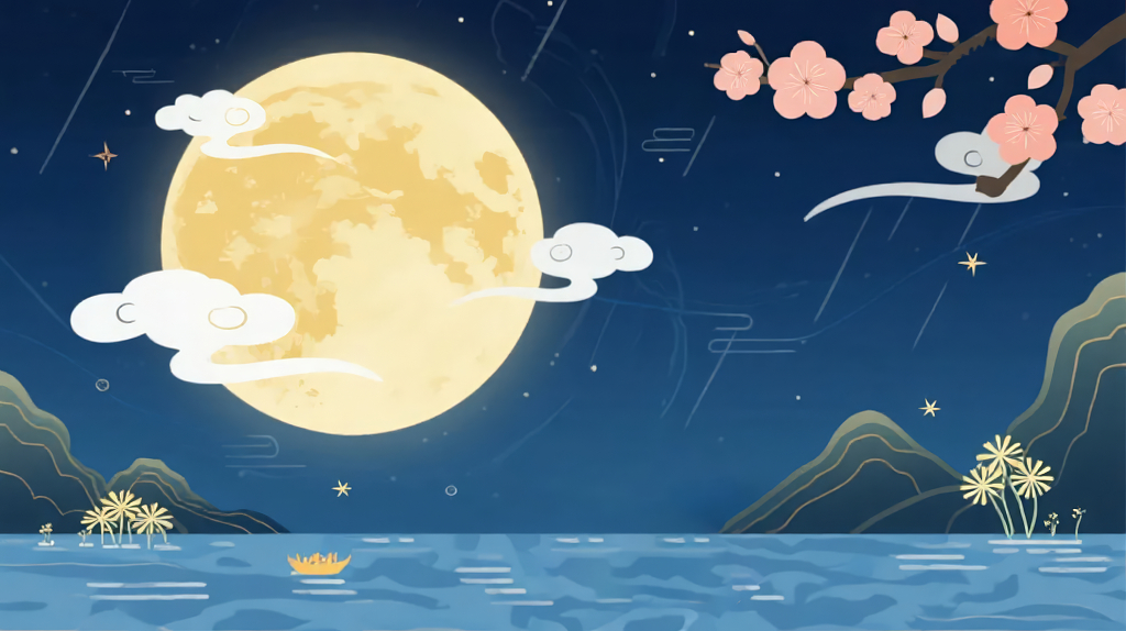 中秋佳节海上生明月的唯美意境插画