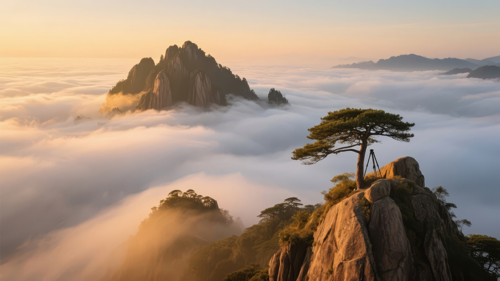 黄山迎客松云海日出禅意仙境背景