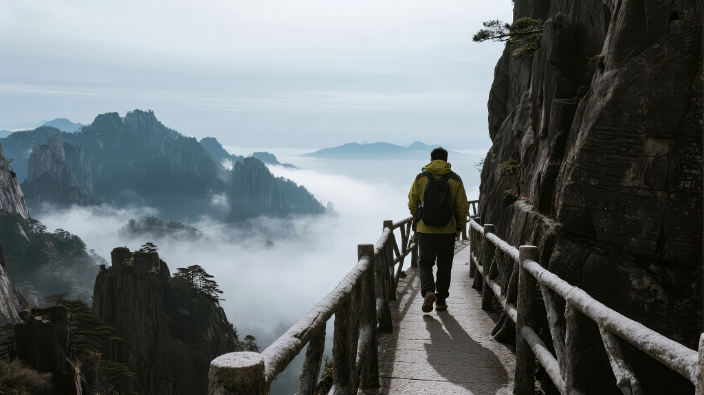 云海栈道上徒步旅行的探索背景